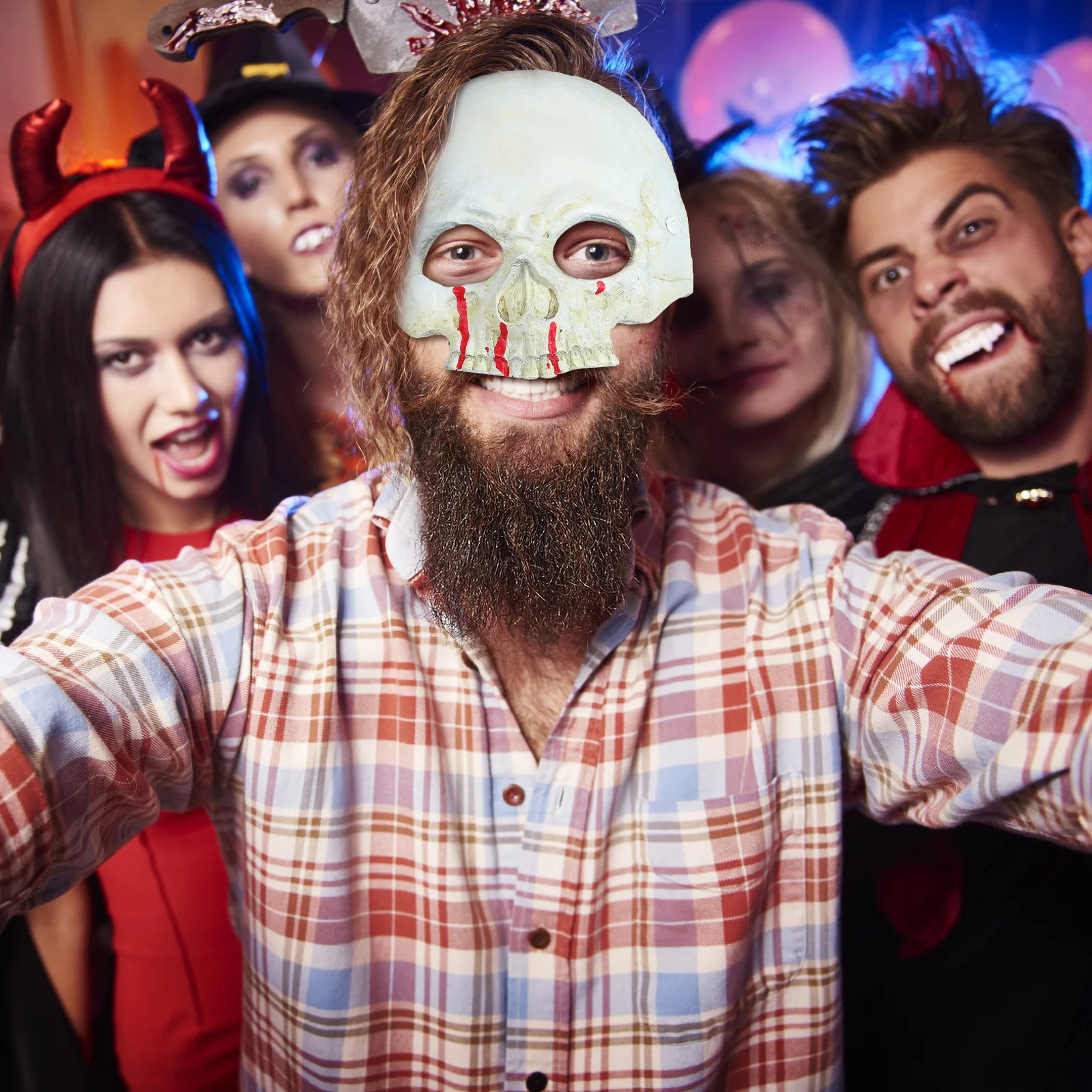 قناع نصف وجه على شكل جمجمة مع نمط دم، خفيف الوزن من مادة البولي يوريثان، قناع مخيف للهالوين، زينة لحفلات الهالوين #2