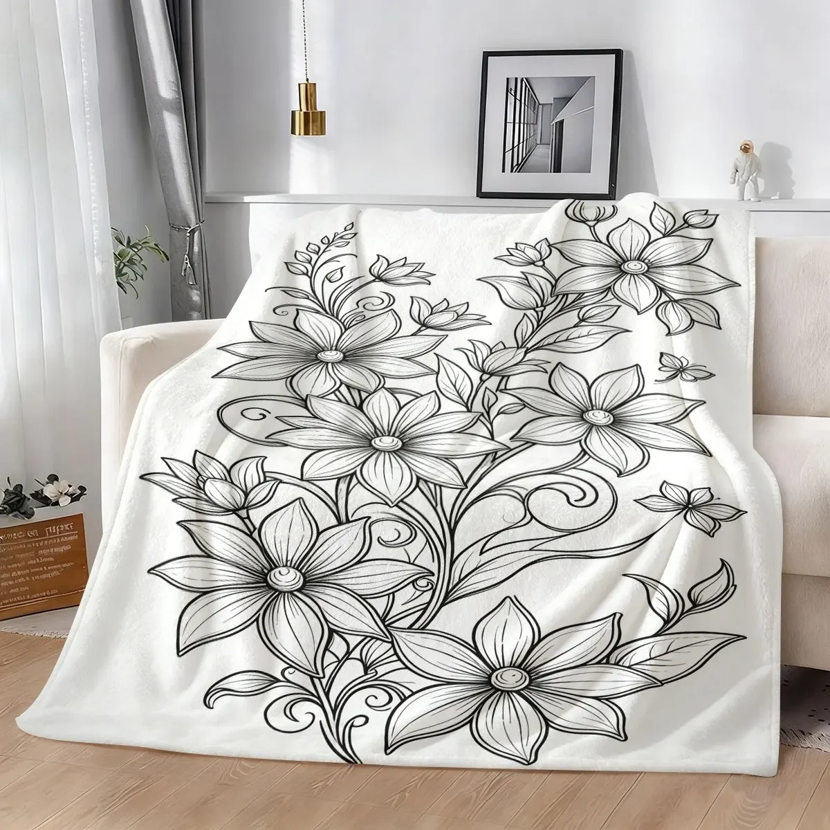 Decorative Floral Botanical Line Art Throw Blanket Boho Sketch Home Decor Cozy Nursery Crib Wrap Sofa Throw Gift