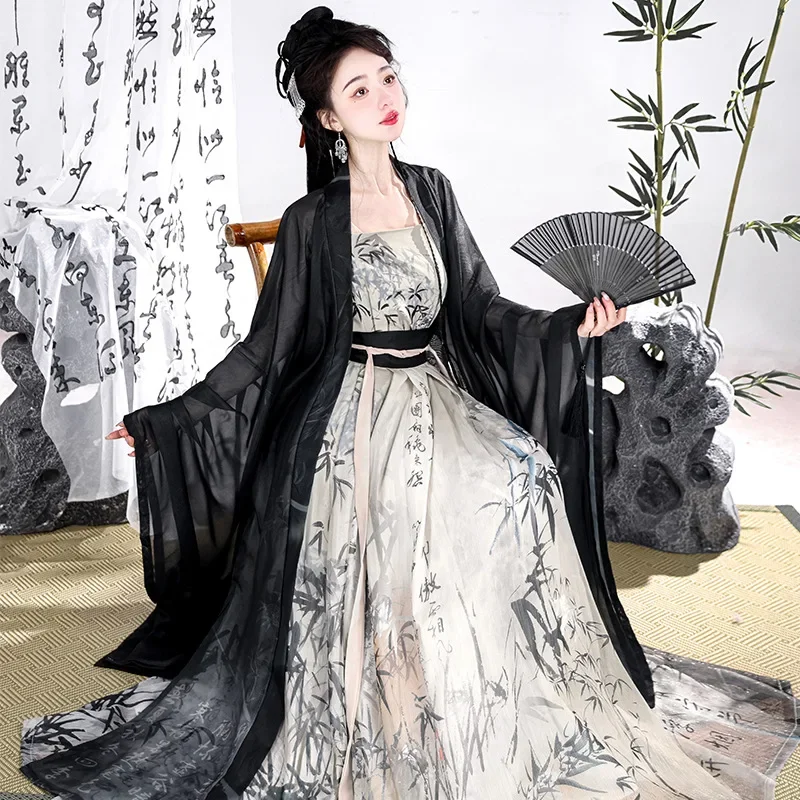 YF65 Hanfu-Robe Noire de Prairie pour Femme, Chemise à Grandes Manches, Taille Améliorée Han Elements, Style Chinois 03/Printemps et Été