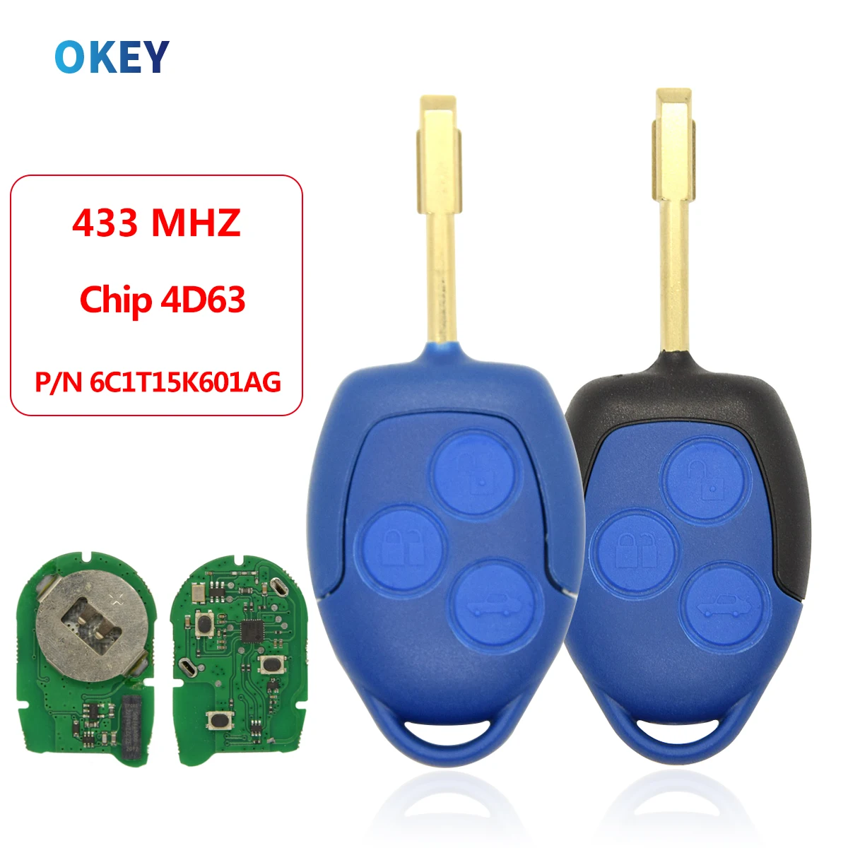 Ok Remote Car Key For Ford Transit WM VM 2006-2014 Car Key P/N: 6C1T15K601AG 3 Button 4D63 Chip 433Mhz with Blue/Black Blade