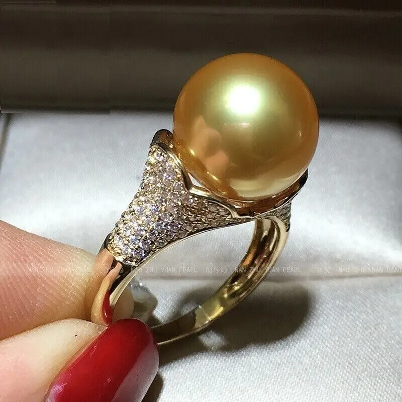 Huge AAAAA + 10-11mm Genuine Natural South Sea Gold Round Women's Pearl Ring 925 Silver