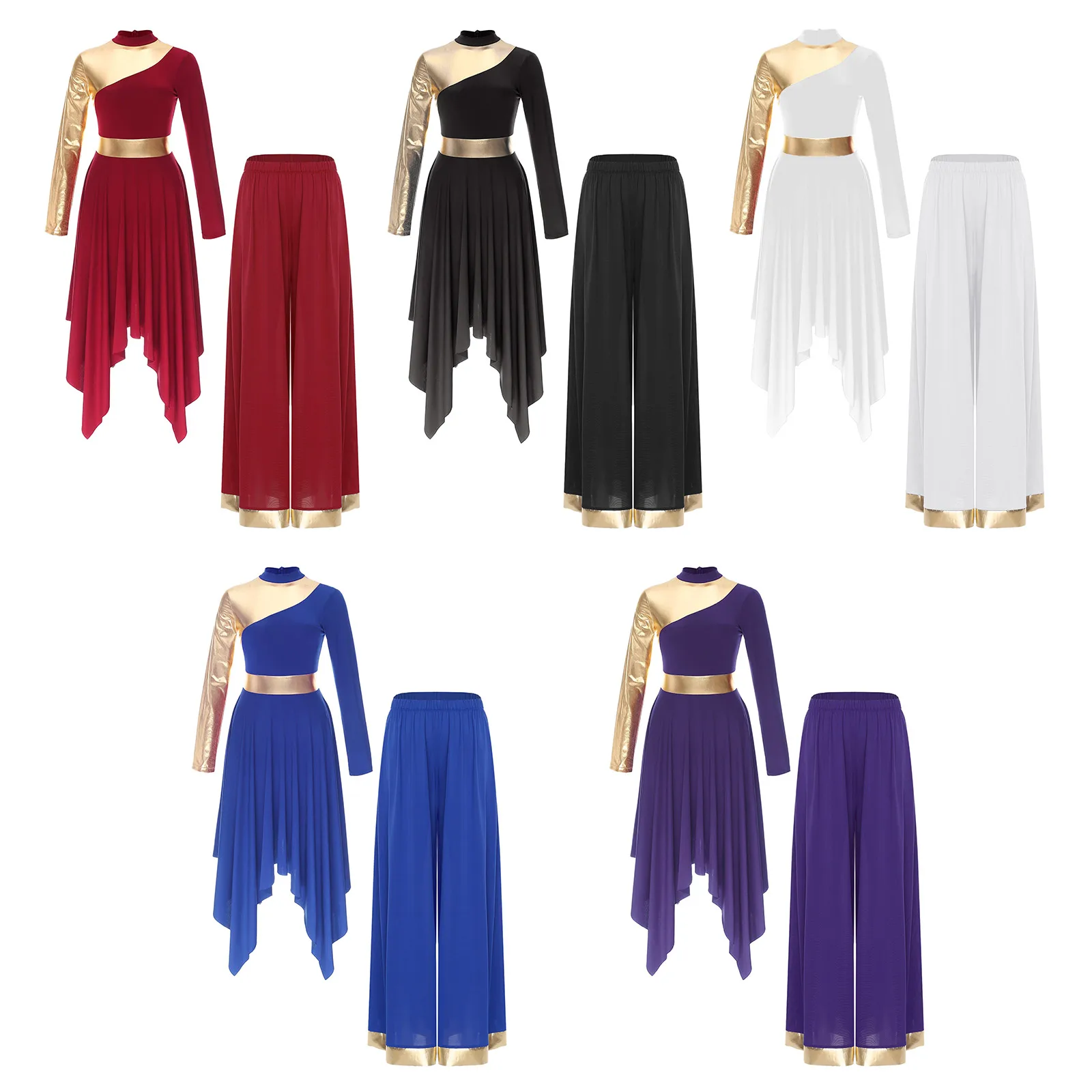 

Womens Praise Dance Costume Outfits Worship Lyrical Dancewear Long Sleeve Asymmetrical Hem Dress and Pants Choir Stage Dresses