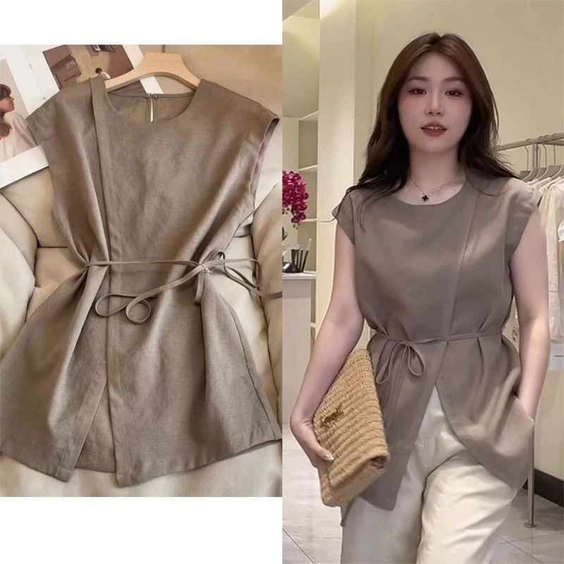 

Женская летняя свободная футболка большого размера Ele, со складками и боковыми разрезами, круглый топ в китайском стиле Ne