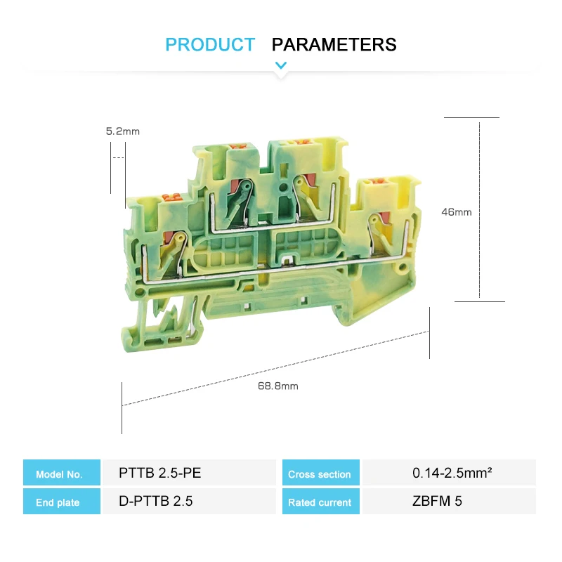 PTTB 2.5-PE Push-in Ground Double-Level Terminal Block Din Rail 2.5mmยฒ 2 Layer Earth Plug Wire Connector PTTB 2.5-PE