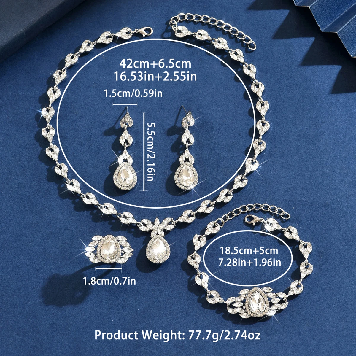 Exquisite Korean Necklace, Earrings, Bracelet, Ring, 4-Piece Set, Large Water Droplet Surround, Light Wedding Dress, Toast, Comp