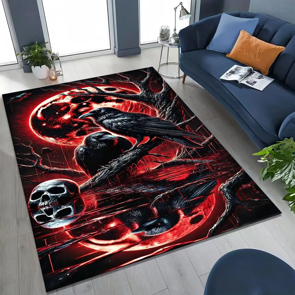 

3D Norse Viking Oding Raven Crow Skull Huginn Muninn Rug for Bedroom Living Room Sofa Home Doormat Decor,kids Non-slip Floor Mat