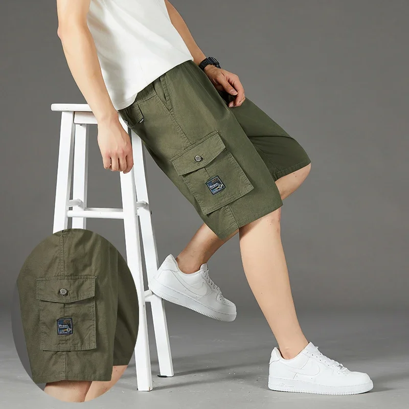 メンズ伸縮性ウエストコットンカーゴショーツサマー速乾ショーツリラックスフィットワークショーツルーズカジュアルウォッシュドランニングショートパンツ