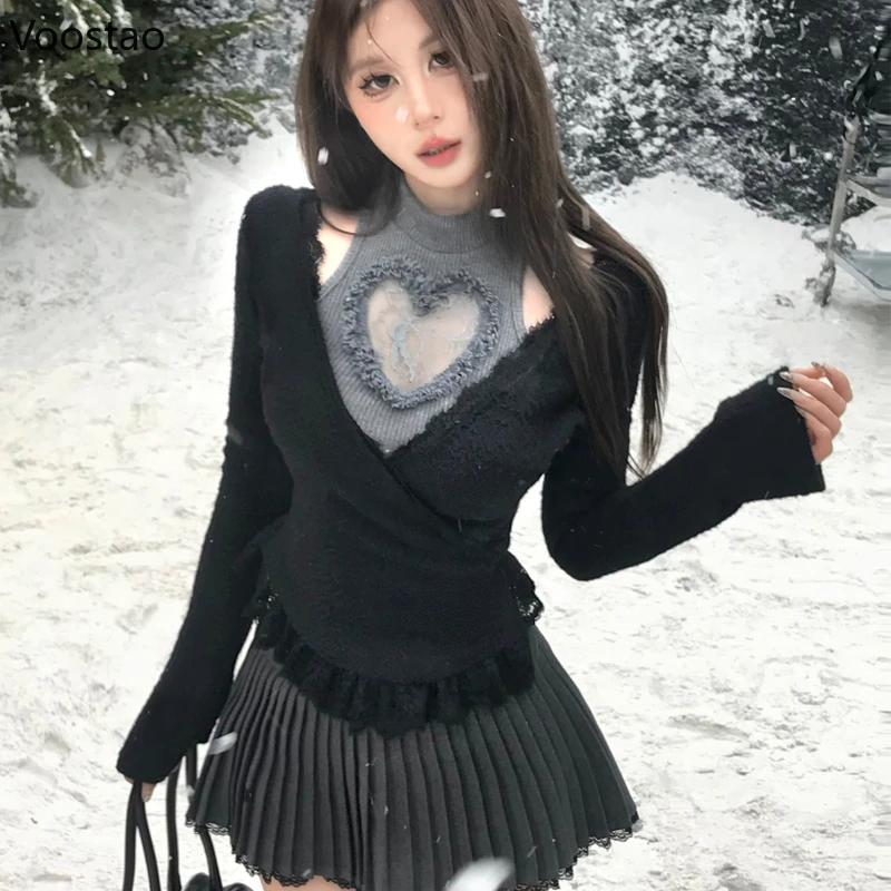 

Sweet Lolita Style T-Shirts Women Elegant Long Sleeve Fake Two Pieces Slim Tops Female Sexy Y2k Off Shoulder Lace Patchwork Tees