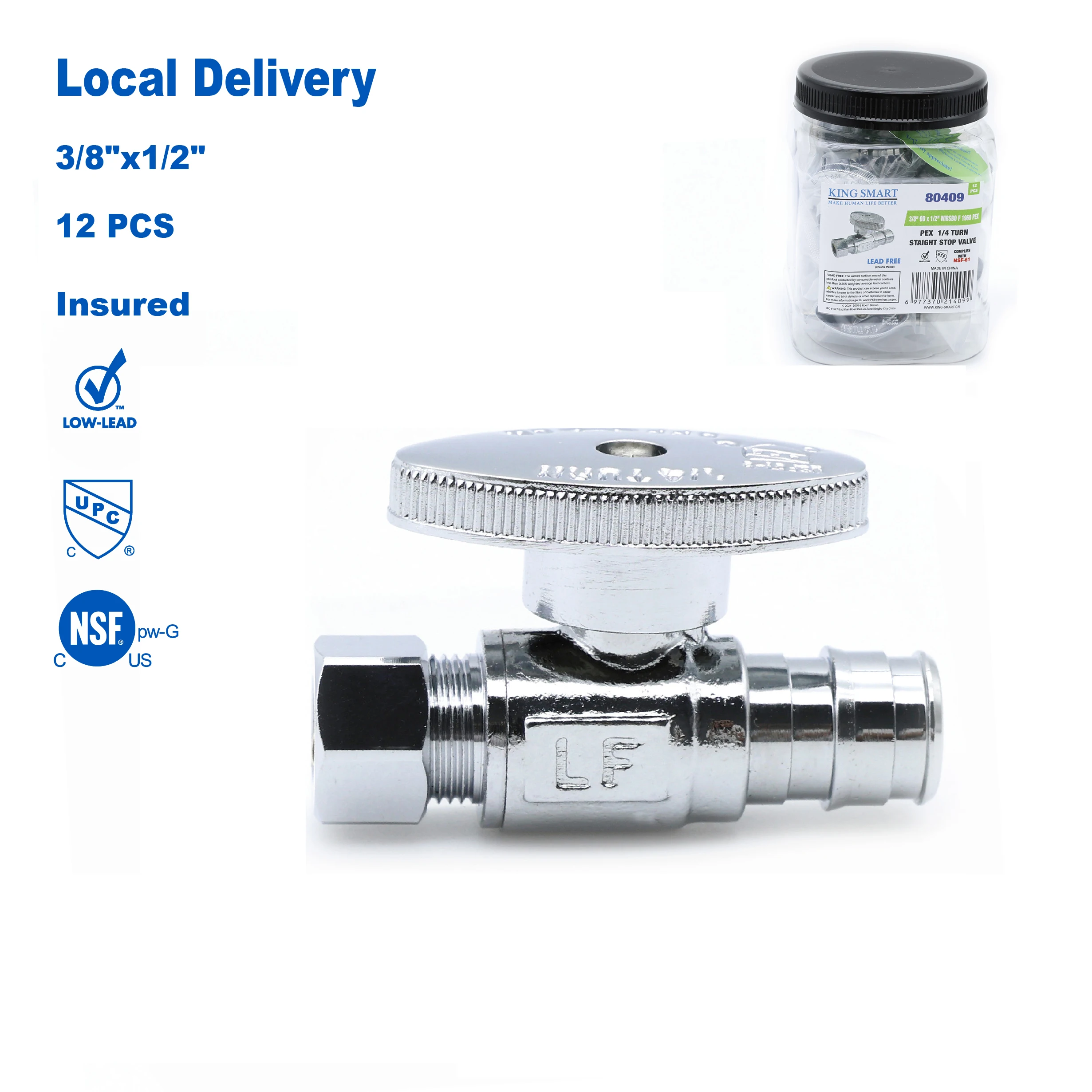 

KING SMART PEX A 1/2" * 3/8" Comp. OD 1/4 Turn Straight Stop Valve; 12Pcs/Case; 80409