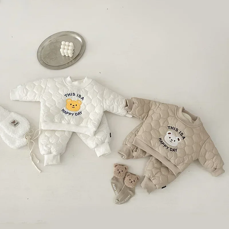 Winter Baby Clothes Set 2pcs Korean Style Cartoon Bear Plush Thick Baby Boy Girls Clothing Long-sleeved Cotton Casual Costume