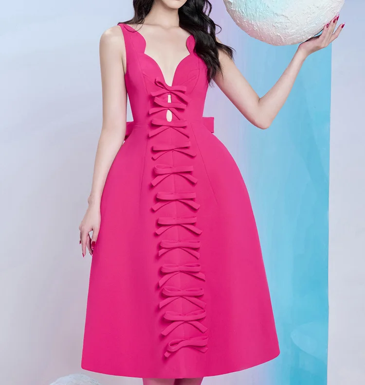 

Women New Sweet Sleeveless V Neck Midi Dress A-line Bow Birthday Party Dresses Summer Korean Style Fashion Vestidos