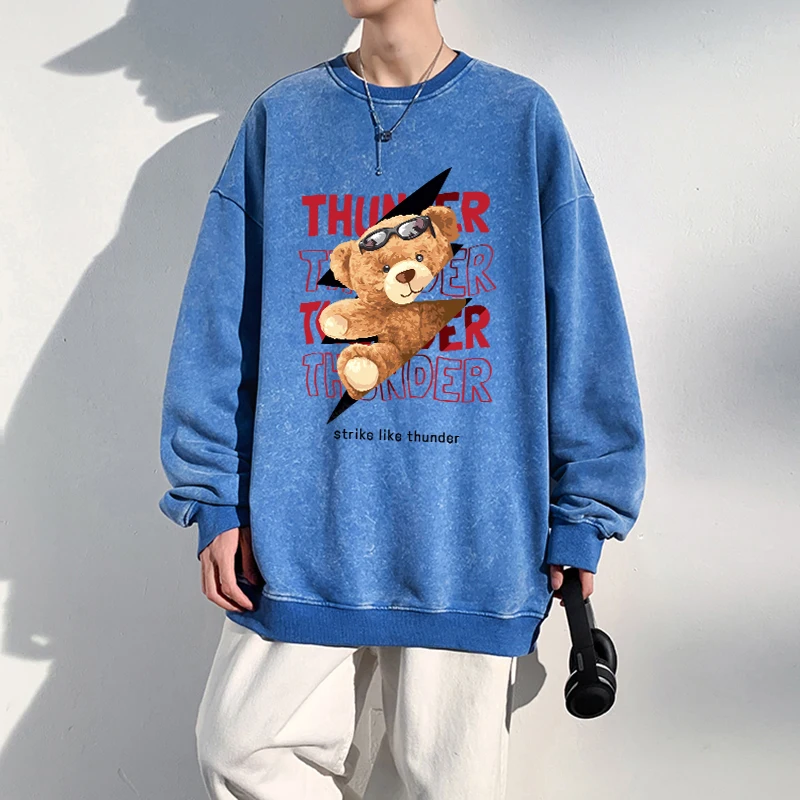 

Oversize Men Washed Sweatshirt Teddy Bear Strike Like Thunder Printed Hoodie Autumn Crewneck Cotton Pullover Casual Couple Tops