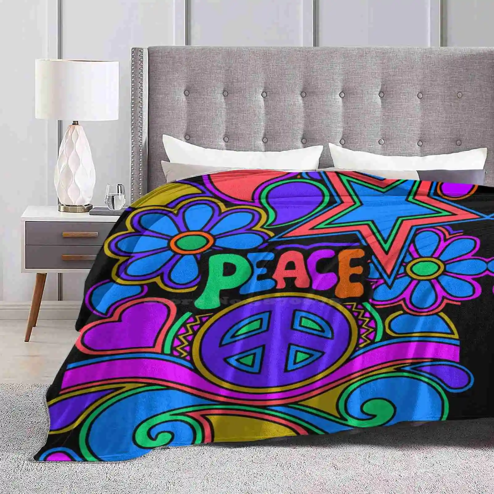 Peace And Love Flowers And Stars Hippie Design Four Seasons Comfortable Warm Soft Throw Blanket Hippie Flower Power Retro