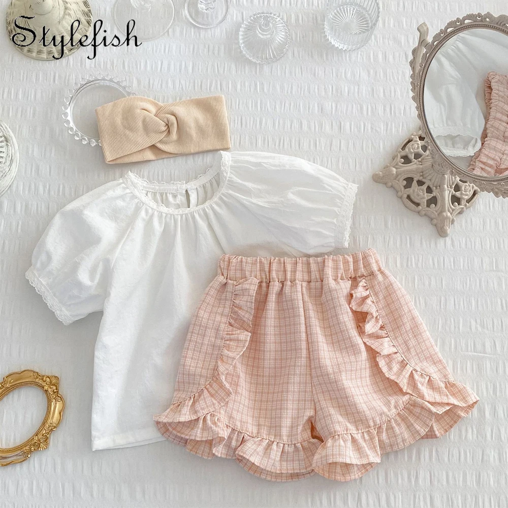 New baby clothes Summer baby suit Solid lace T-shirt top+striped shorts 2 pieces of fashionable short-sleeved cotton clothes