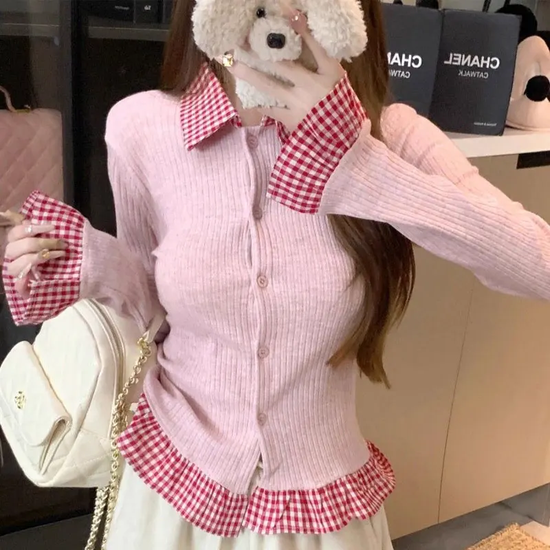 

Contrasting Colors Plaid Spliced Pullovers Autumn Winter Fake Two Pieces Female Clothing Lapel Button Slim Long Sleeve T-shirts