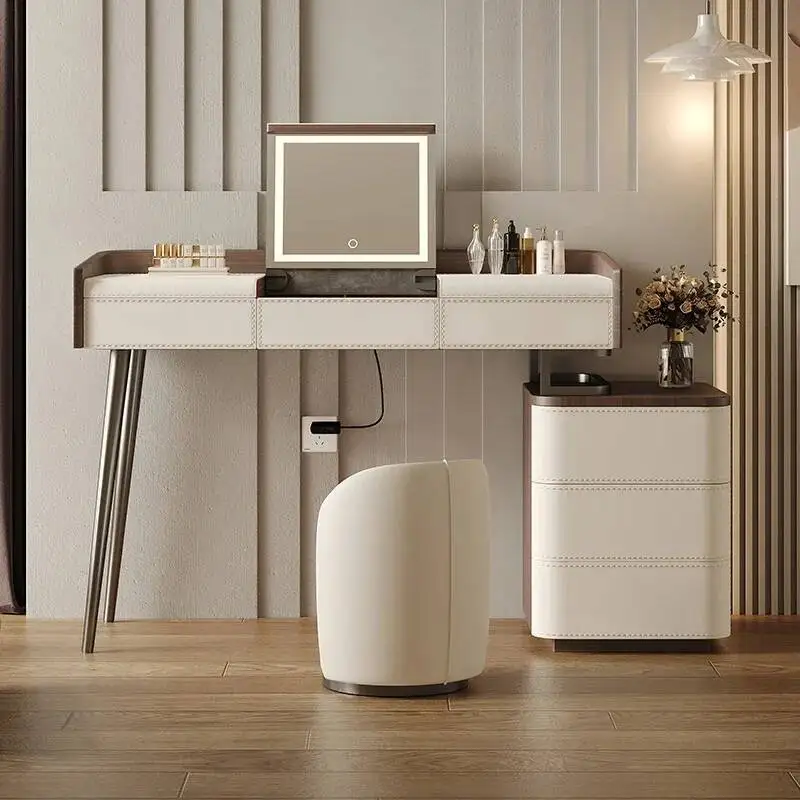 

Furniture Bedroom Light Luxury Leather Dresser Chest Of Drawers Makeup Vanity Dressing Table Makeup Desk Toiletries Dressers