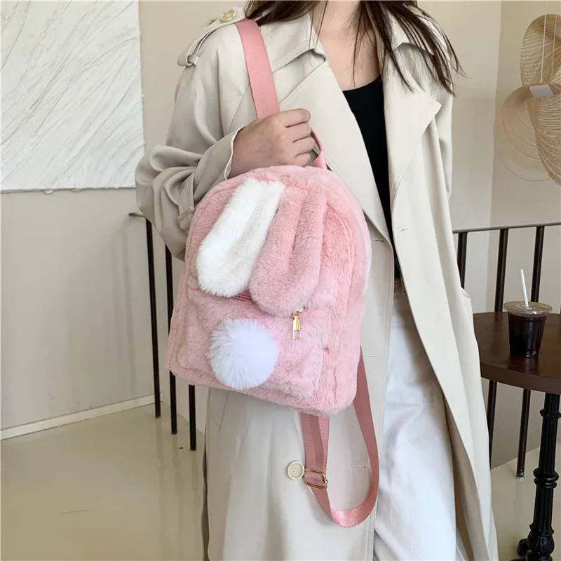 Mochila De felpa personalizada para mujer, bolso de felpa con orejas de conejo, Otoño e Invierno