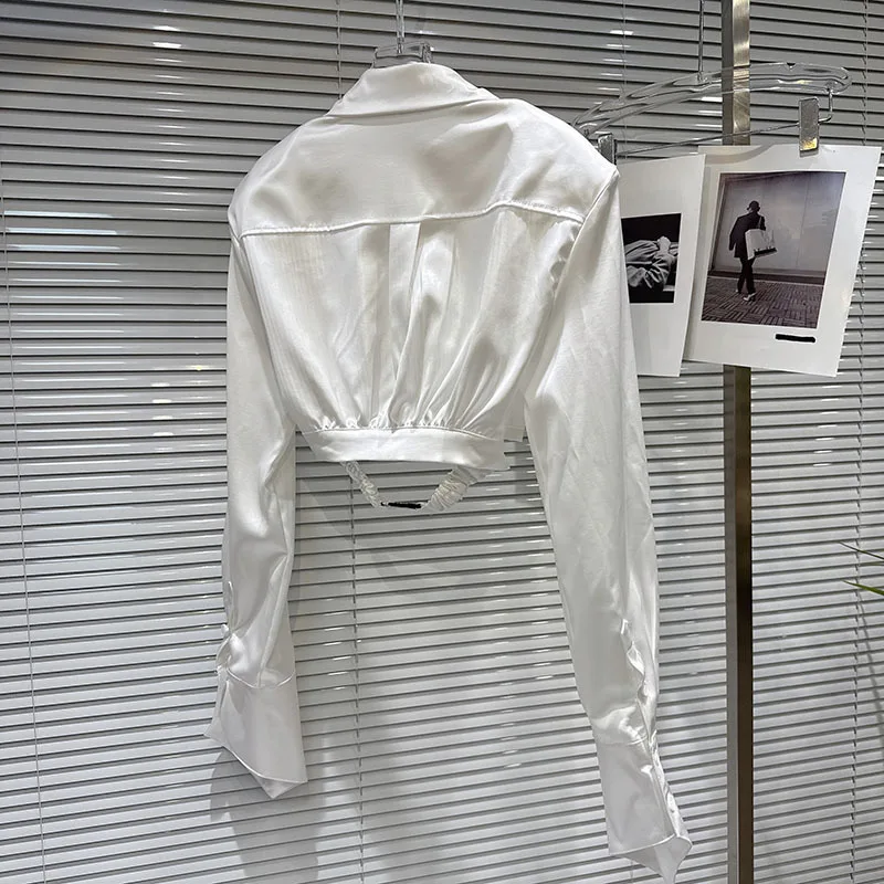 HKSH 秋の新女性ショートシャツターンダウン襟長袖シングルブレストサテンエレガントでスタイリッシュなパンクストリートトップ HK10188