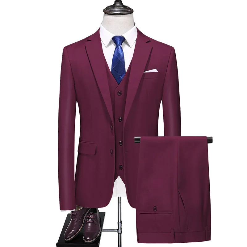 L063 Men's Spring and Autumn Solid Color Men's Slim Fit Large Size Suit Three-piece Suit Men's Dress Suit