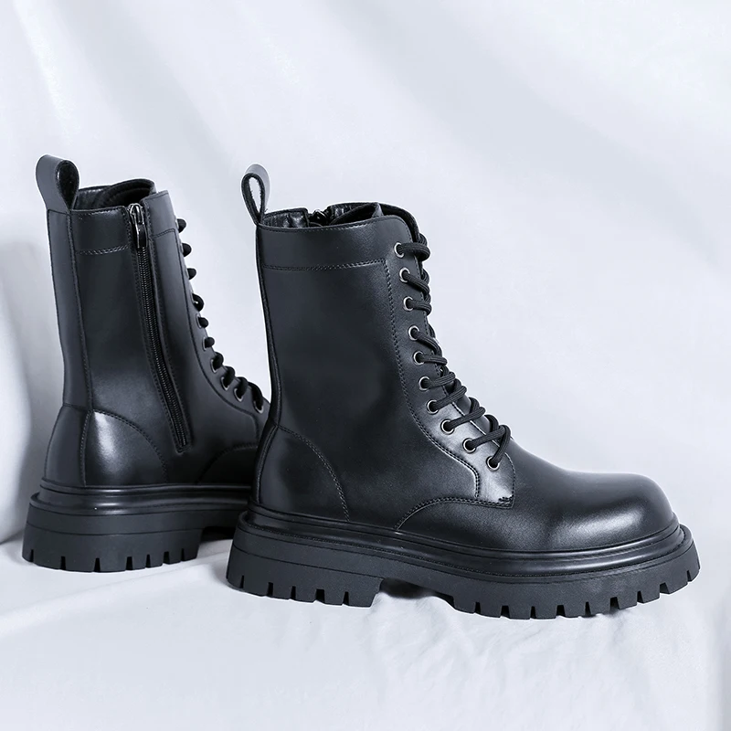 Dicke Sohlen Plattform Männer Echtes Leder Stiefel Luxus Designer Runde Kappe High Top Stiefel Mode Trends Straße Seite Zipper Schuhe