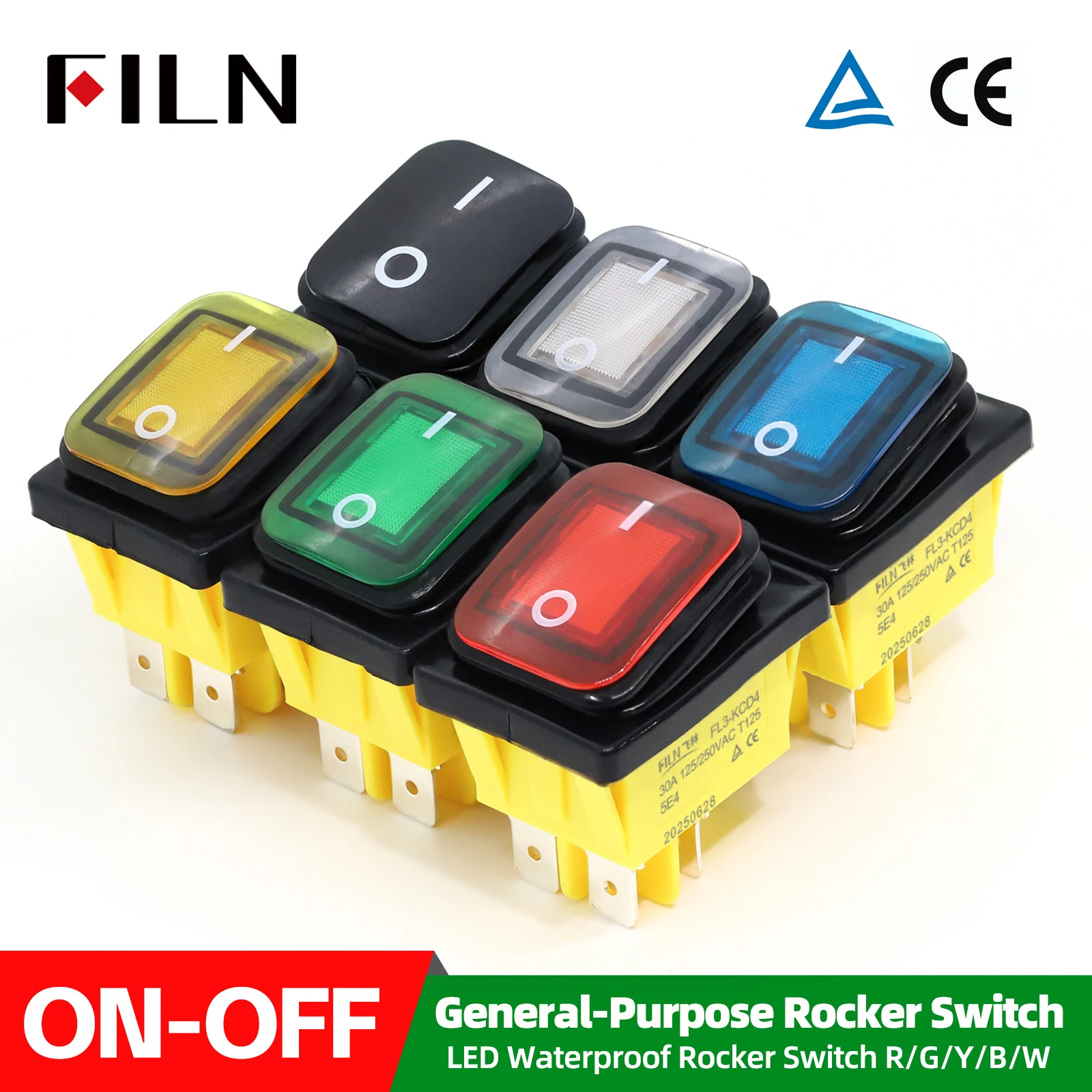 FILN 20A 12V 24V 110V 220VLED Rocker Switch  Waterproof IP65 ON OFF Heavy Duty 4 Pin DPST Sealed  Auto Boat Marine Toggle 30x22