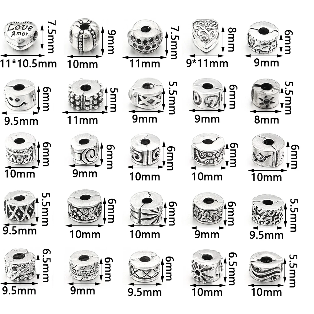 5pcs Positioning Buckle Multiple Styles Ancient Silver Fixed Clip Big Hole Spacer Beads For Jewelry Making DIY Bracelet Necklace