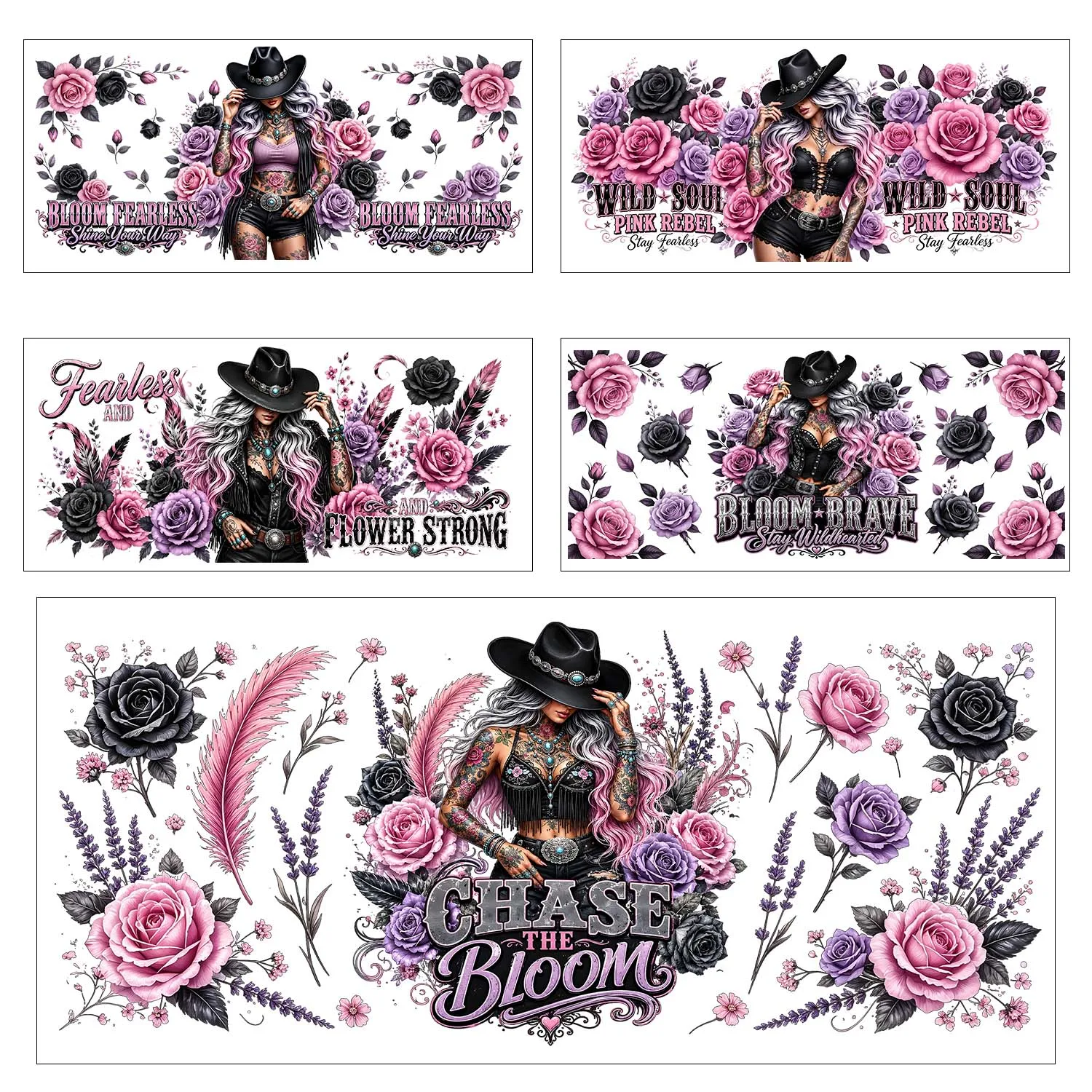 5 Set Flower and Cowboy Girl Theme UV DTF Sticker Party DIY Decals 3D transfers uvdtf Tumbler Stickers 16oz uv dtf cup wraps