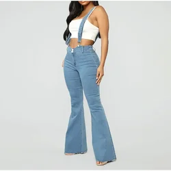 Plus Size Suspender Flare Jeans Jumpsuits 3XL Wide Leg Denim Overalls Vintage Blue Streetwear Bib Pant One Piece Bandage Outfits