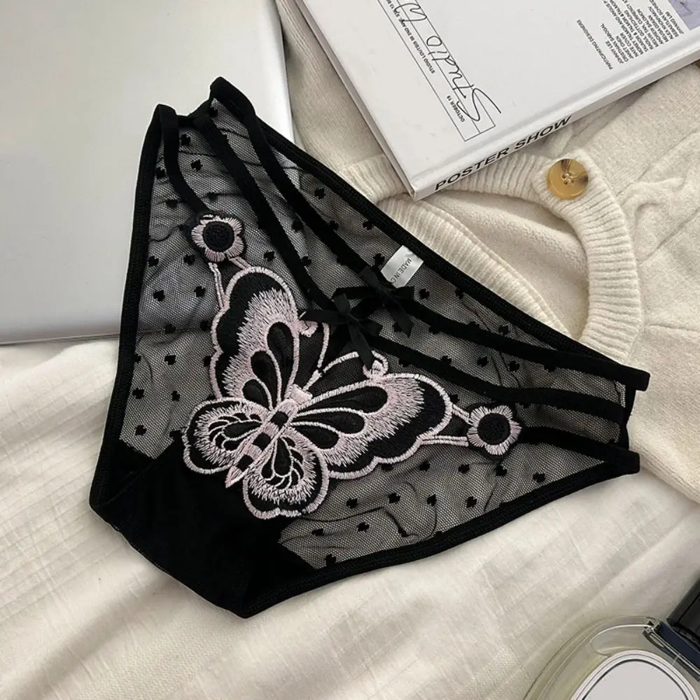 Low-Waist Mesh Hollow Lace Bowknot Briefs Transparent Cotton Crotch Butterfly Embroidery Bow Underpants Female Lingerie Elastic