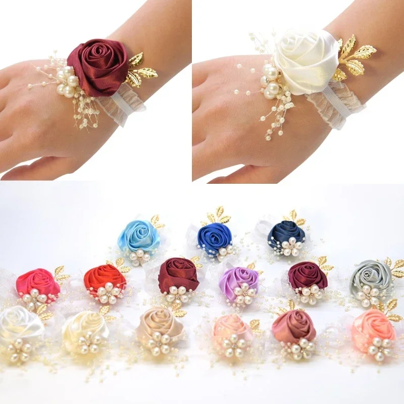 Girls Bridesmaid Wrist Flowers Wedding Prom Party Boutonniere Satin Rose Bracelet Fabric Hand Flowers Wedding Supply Accessories