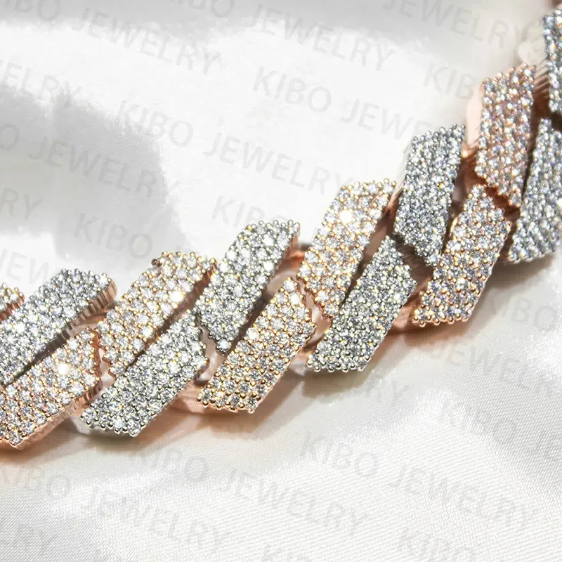 Iced Out Two Tone Vvs Moissanite Necklace 925 Sterling Silver and Rose Gold Plated Big Huge 18mm Moissanite Cuban Link Chain