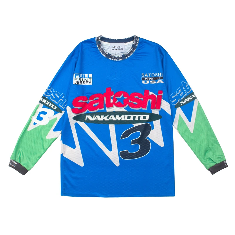 2026 New Style Men's Satoshi Nakamoto T-Shirts High Street Trend Motorcycle Elements Print Hip Hop Long Sleeve Tees