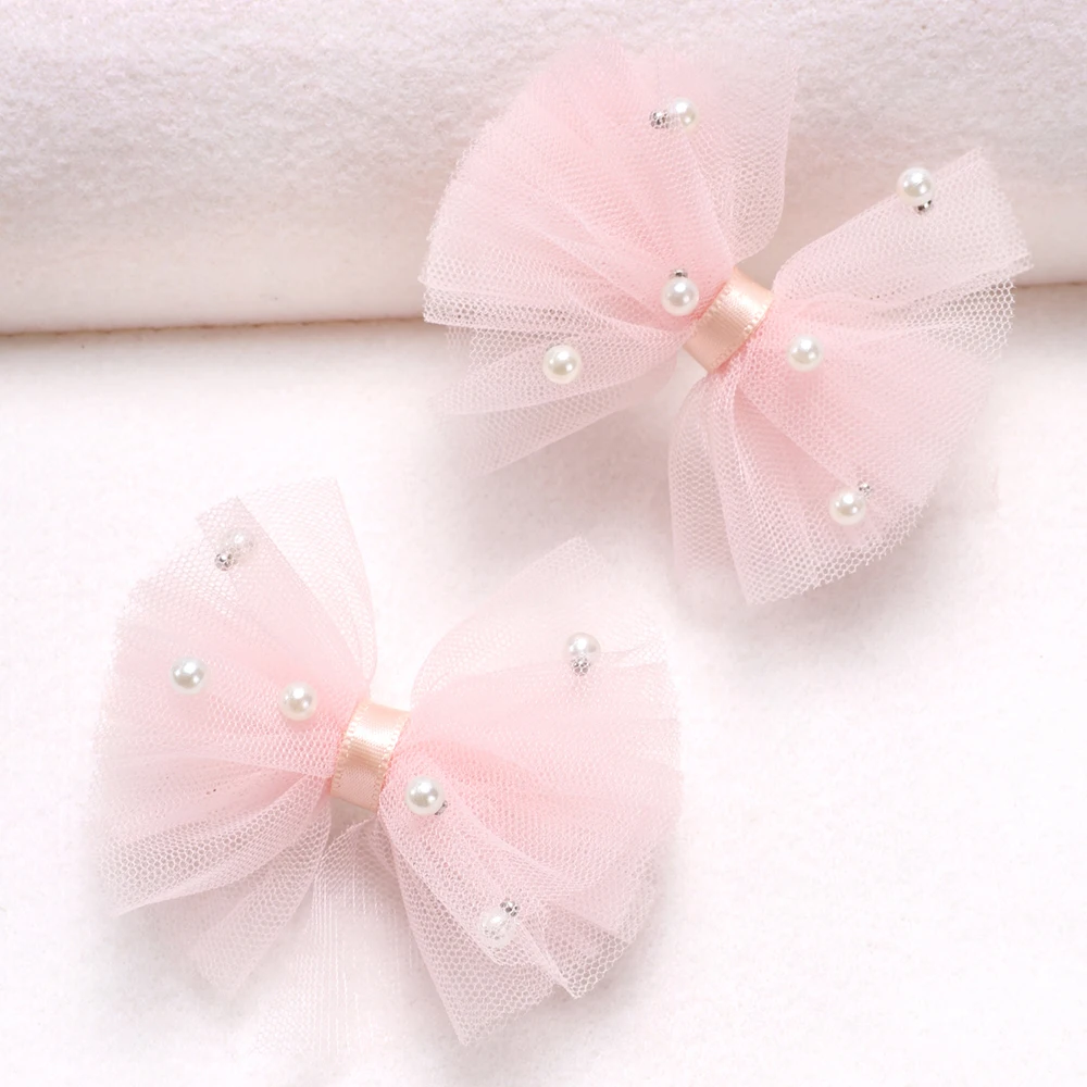 2pcs Mesh Bow Hair Clips with Faux Pearl Girls Elegant Bow Hair Clips for Birthday Party Non-slip Cute Hair Accessories Headwear