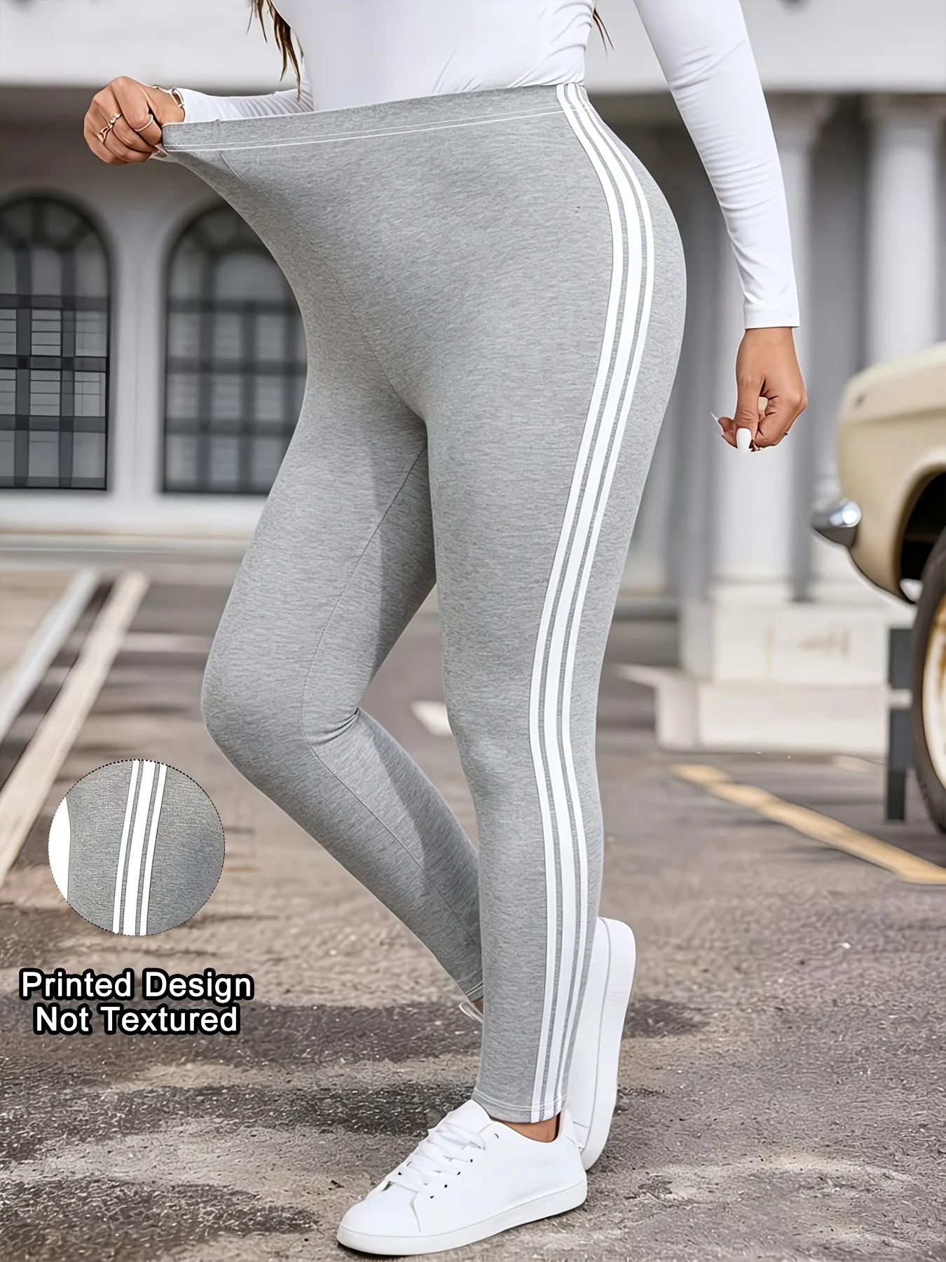 Bedruckte Leggings für Damen, kein Denim-Stoff, Hosen mit aufgesetzter Tasche und Knopfdruck-Design, hochelastisch, modisch, schmal geschnitten, lässig. – Detail 1