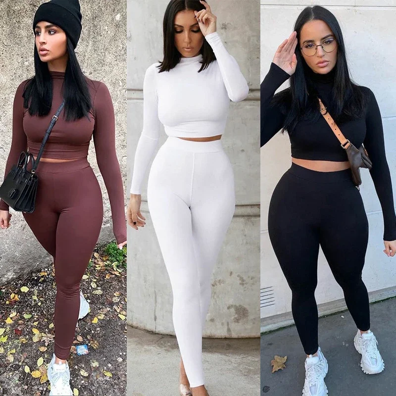 

TPJB Two Piece Sets Women Solid Autumn Tracksuits High Waist Stretchy Sportswear Hot Crop Tops And Leggings Matching Outfits