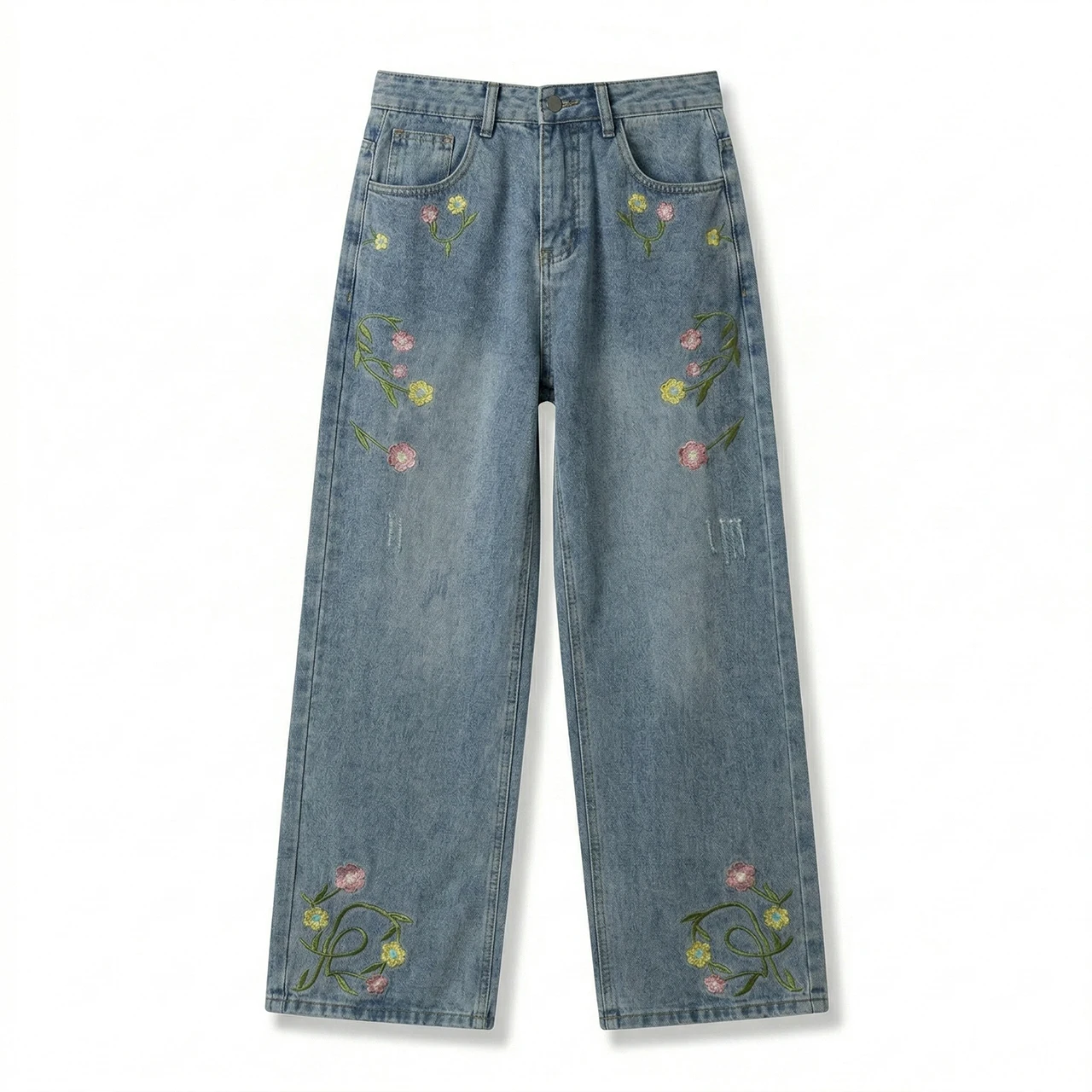 

American Vintage Floral Embroidered Jeans Distressed Washed Versatile Straight Leg Wide Leg Pants