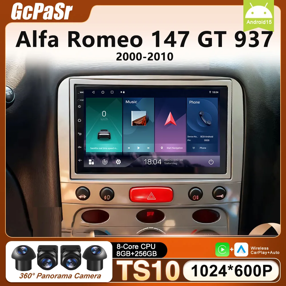 Radio de coche de 7 pulgadas con Android 16 y Carplay para Alfa Romeo 147 GT 937 2000-2010, GPS, navegación, vídeo, multimedia automotriz, QLED, DVD