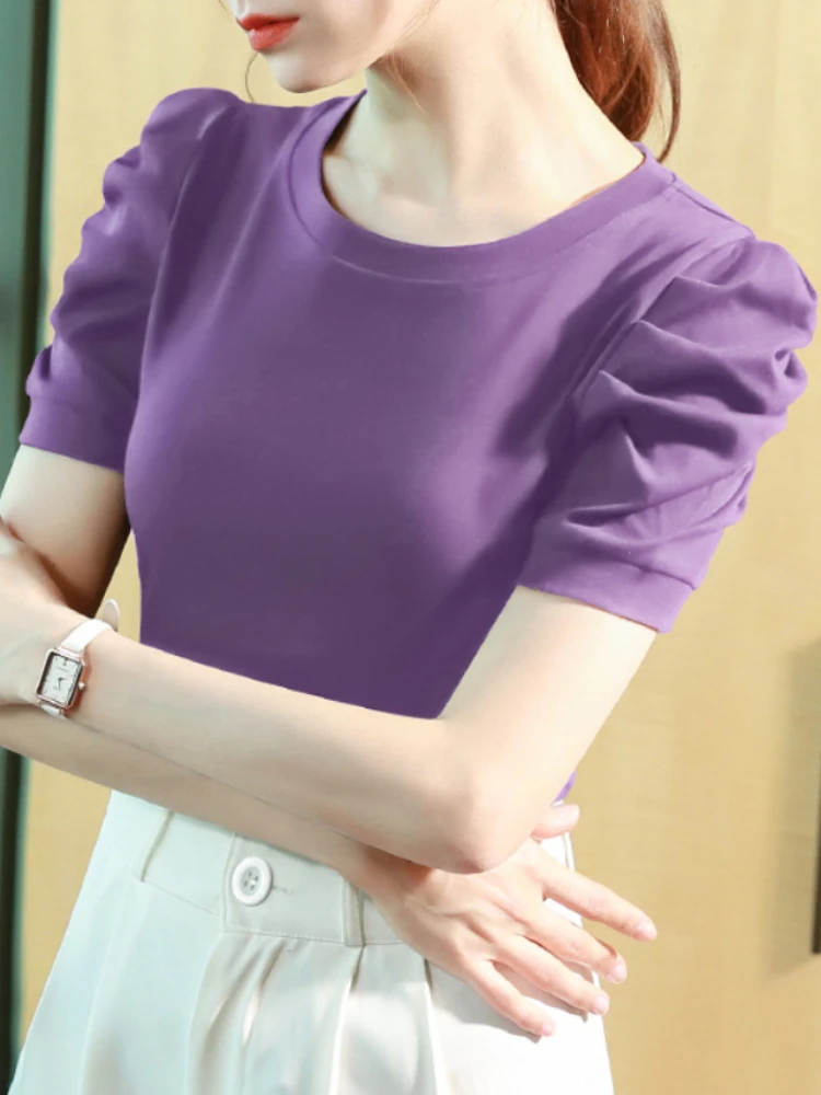 T-shirt Women Clothing Slim Fit Short Sleeve Tops 2024 Summer New Solid Casual Pullover O-neck French Bubble Sleeve Top