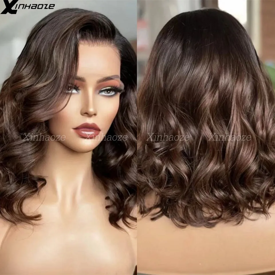 

Ombre Brown 5x5 PU Silk Base Lace Closure Bob Wig For Women Human Hair 13x6 Lace Frontal Wig Preplucked Side Part Wavy Bob Wig