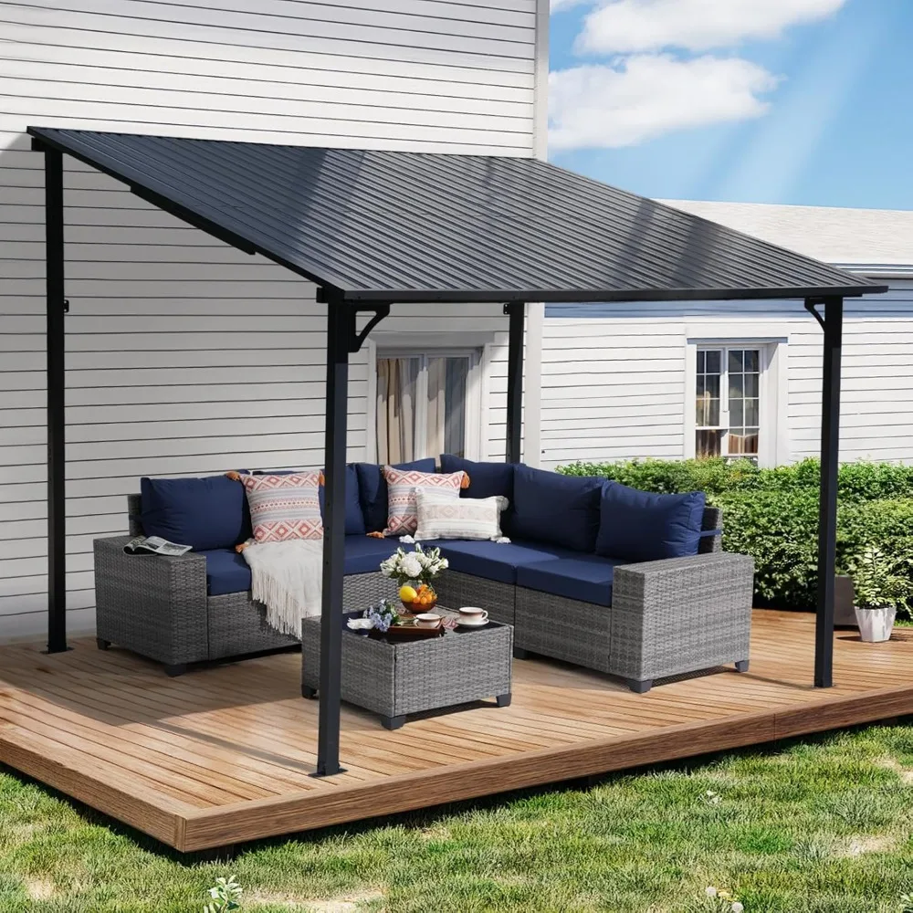 

8' x 10' Gazebo, Hardtop Wall Mounted Lean to Gazebo Pergola with Metal Roof for Patio, Deck, Backyard