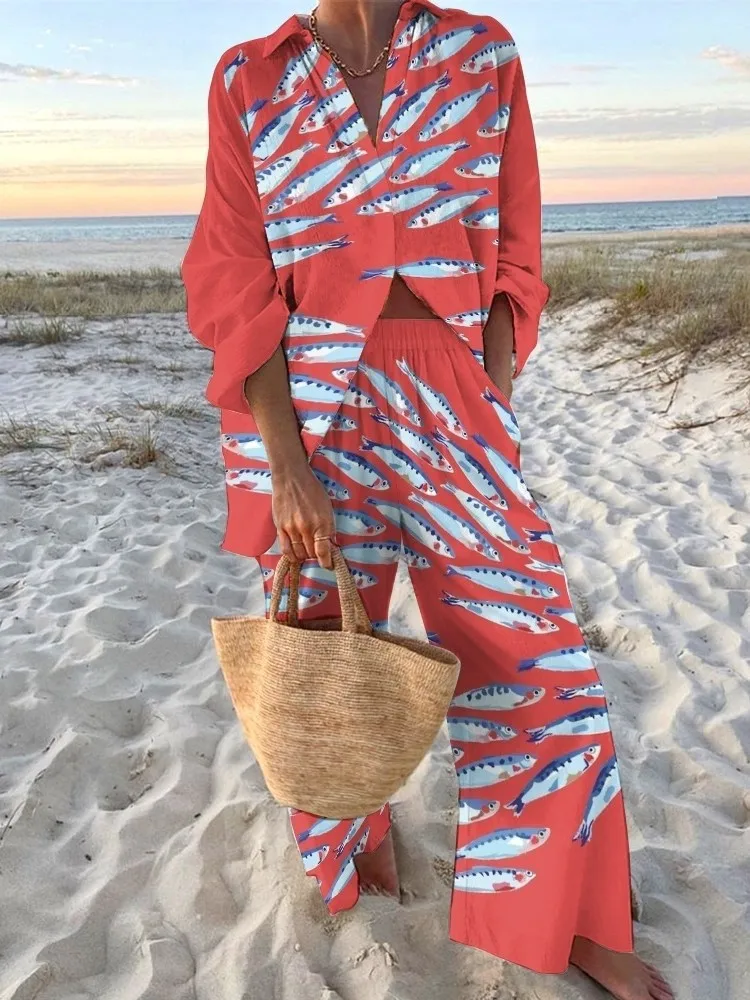 

Casual Holiday 2 Pieces Set For Woman Fashion Print Long Sleeve Shirt Tops+High Waist Wide Leg Pants Sets Outfits Lady Clothes