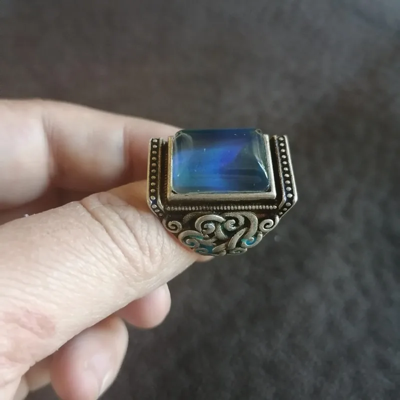 Antique Vintage Silver Color-Changing Gemstones, Adjustable Size, With Aged Patina, Long Ring