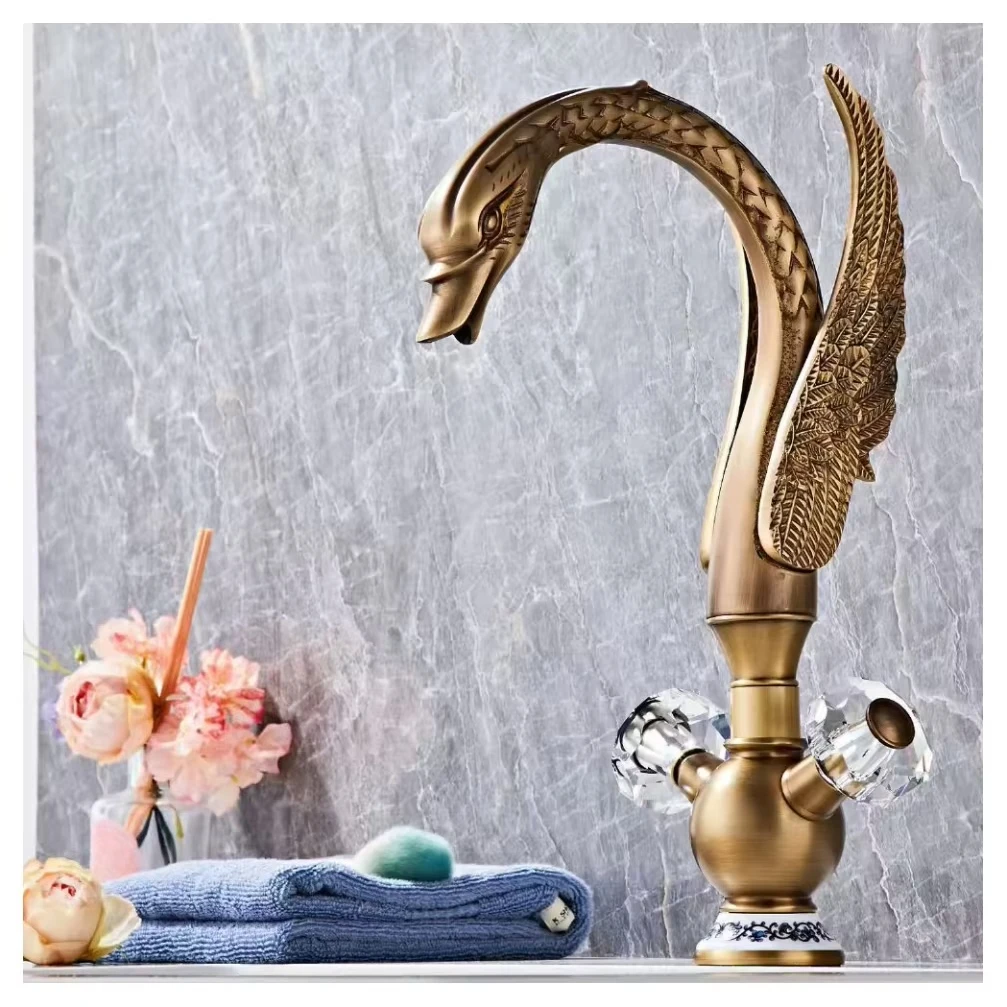 Deluxe Gold Double Handle Brass Swan Washroom Faucet Single Hole Mounted Hot and Cold Wash Bin Mixer Faucet Swan Shaped