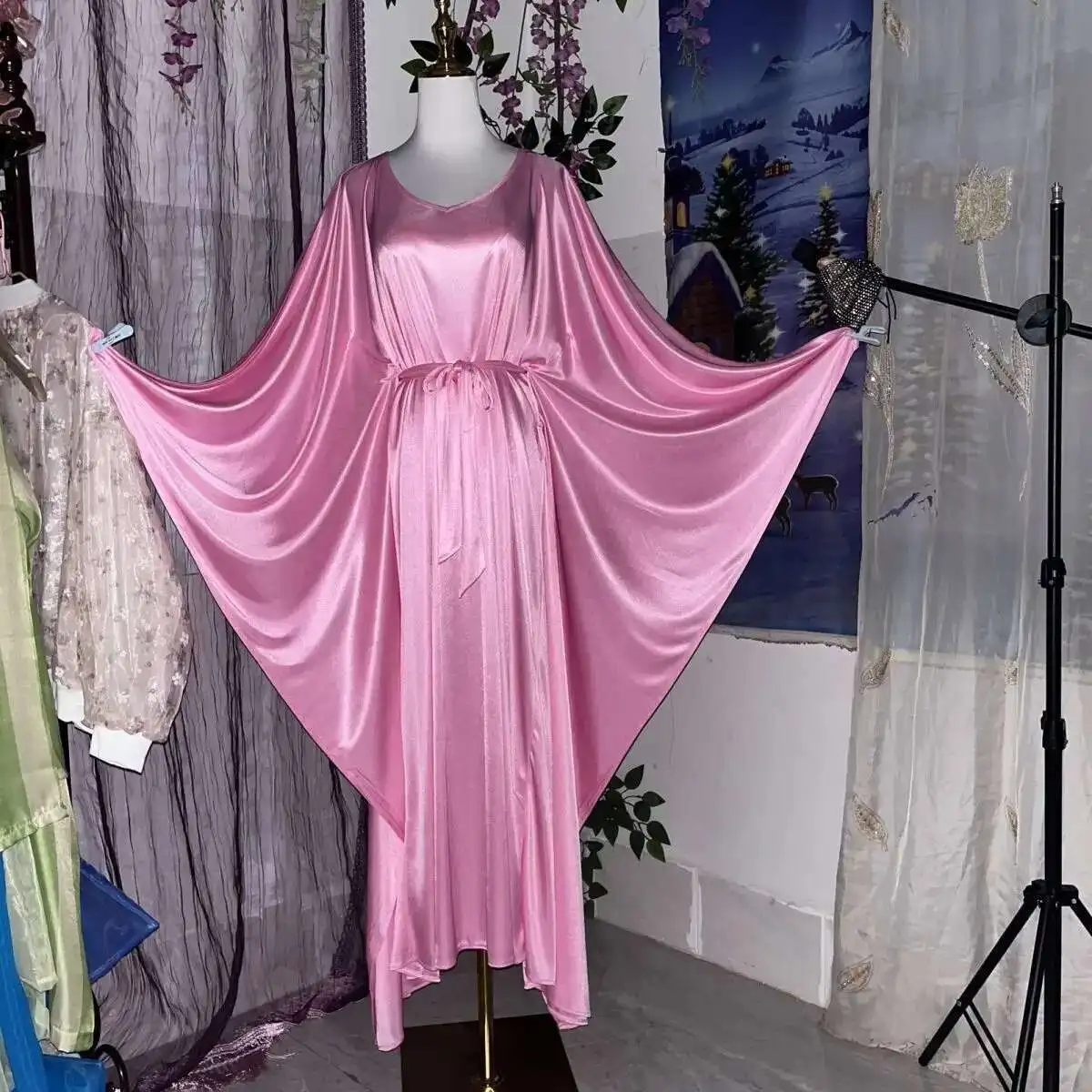 Long Sleeve Loose Night Dress Plus Size Sleeping Robe Glossy Sexy Women Satin Long Dress