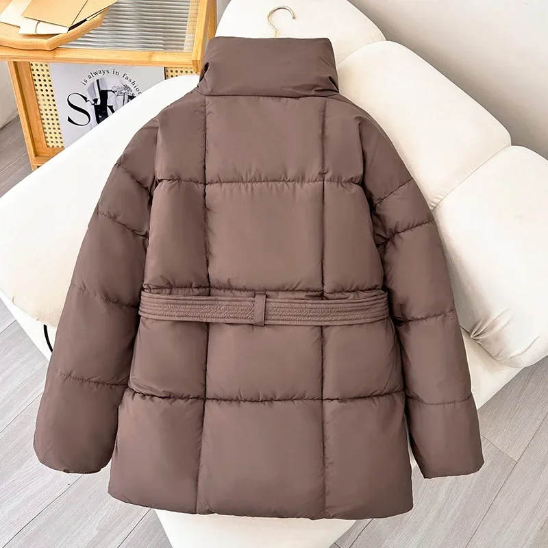 Parkas gruesas con cuello levantado para mujer, abrigos a la moda con lazo en la cintura, chaquetas acolchadas cortas lisas elegantes, abrigo para mujer