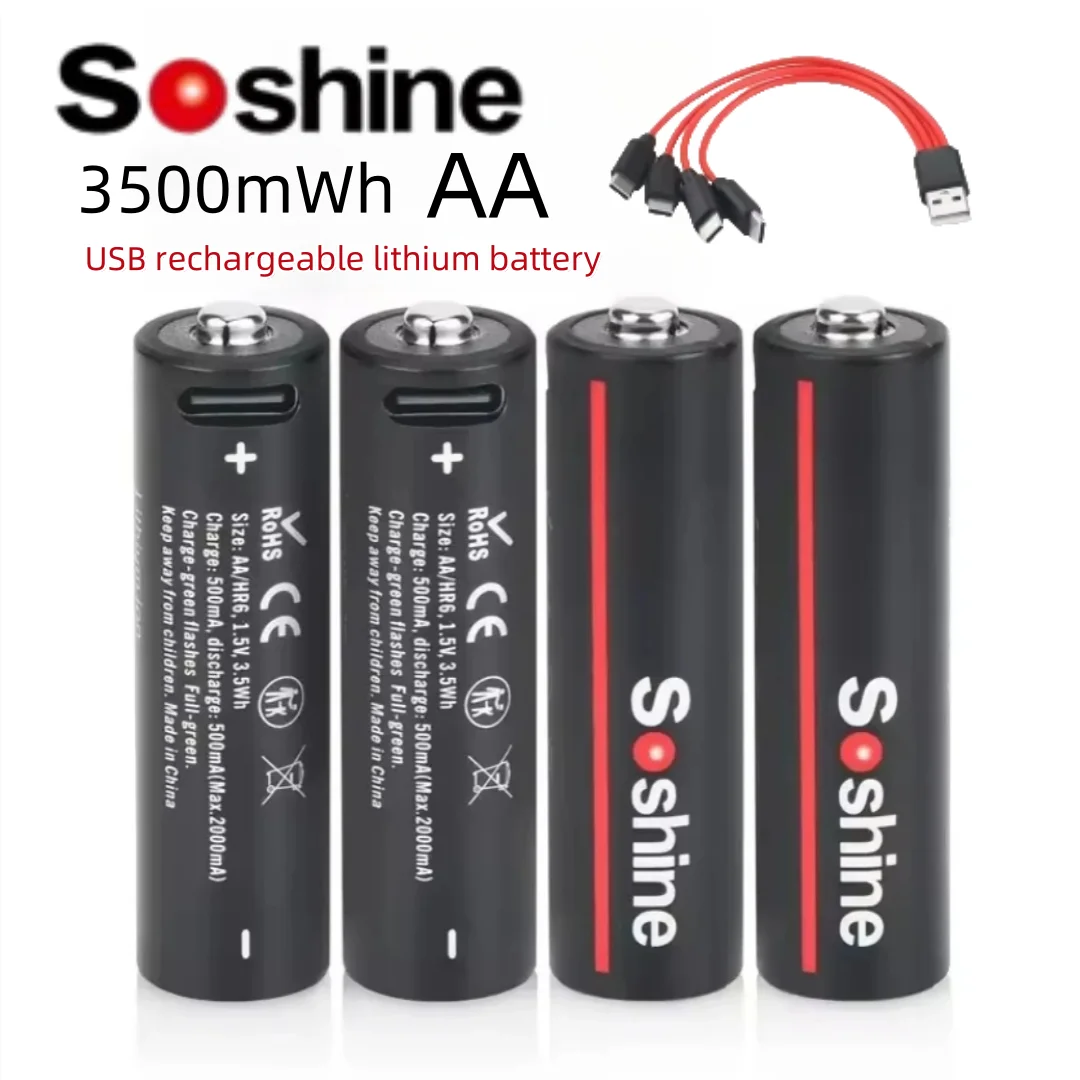Soshine-batería de litio recargable USB, 1,5 V, 3500mWh, AA, con Cable USB 4 en 1 para máquina, cámara, Detector de humo, juego