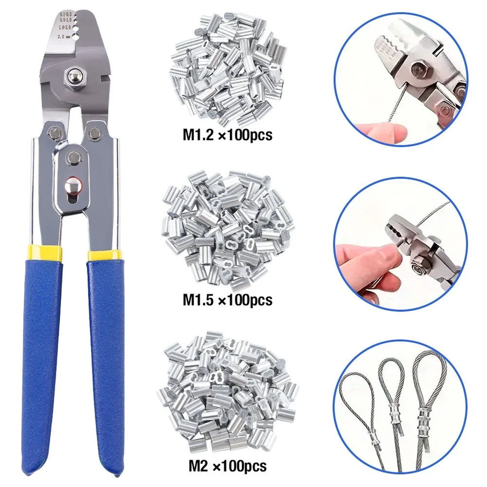 Crimping Pliers For Wire Rope 10 Inch Stainless Steel With Blue Handle And 300pcs Aluminum Sleeves For Dog Leash Marine Rigging