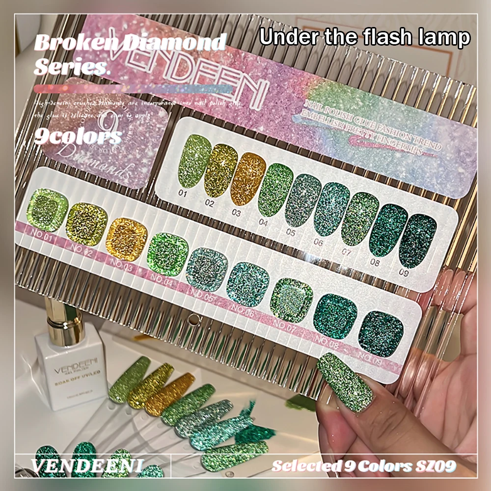 Vendeeni 9 Farben/Set Grüner Glitzer-Broken-Diamond-Gel-Nagellack TPO FREI Semi-Permanenter Glitzer-UV-LED-Gel-Lack mit Display – Detail 7