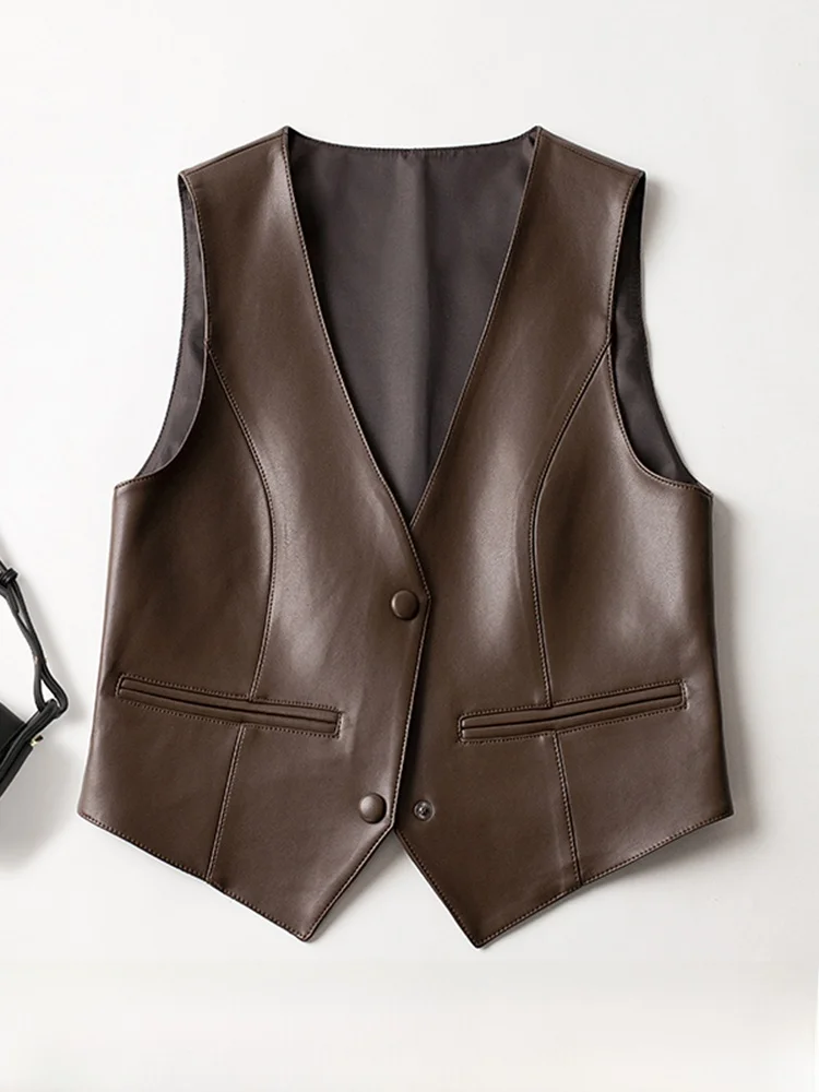 

Real Leather ort Svel Jaet Women's Faion Spring Autumn New Sle Small Size oulder Pad Coat eepskin Vest