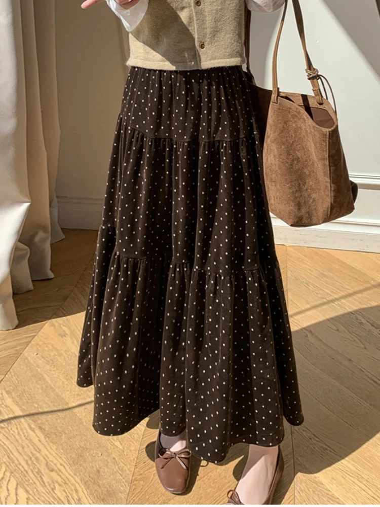 

SMTHMA 2025 г., новинка осени/зимы, французская замшевая юбка в горошек с принтом для женщин, длинная юбка трапециевидной формы с эластичной резинкой на талии